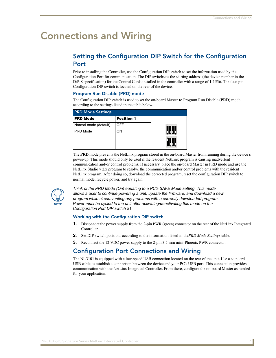 Connections and wiring, Program run disable (prd) mode, Working with the configuration dip switch | Configuration port connections and wiring | AMX Signature Series NetLinx Integrated Controller NI-3101-SIG User Manual | Page 17 / 156