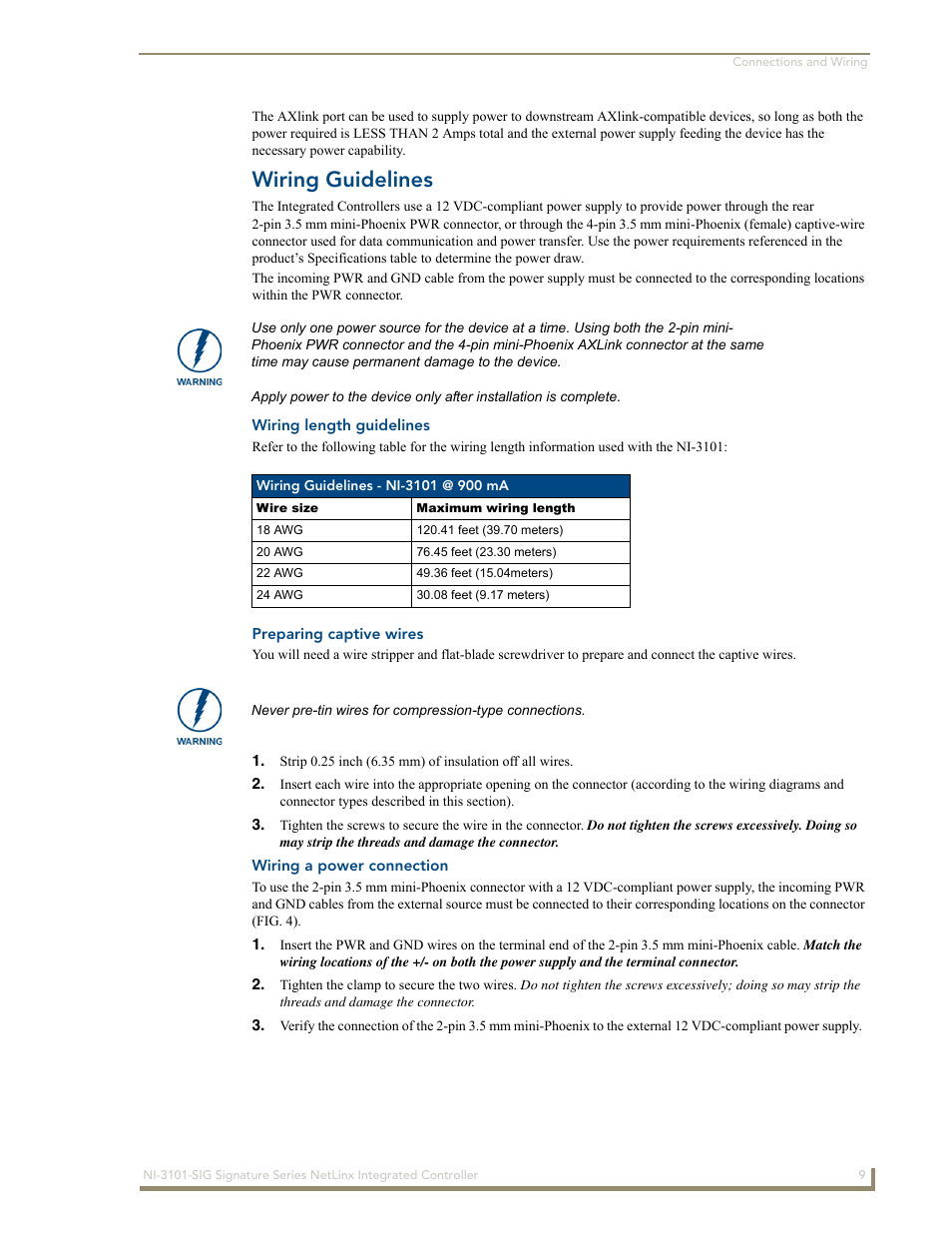 Wiring guidelines, Wiring length guidelines, Preparing captive wires | Wiring a power connection | AMX Signature Series NetLinx Integrated Controller NI-3101-SIG User Manual | Page 19 / 156