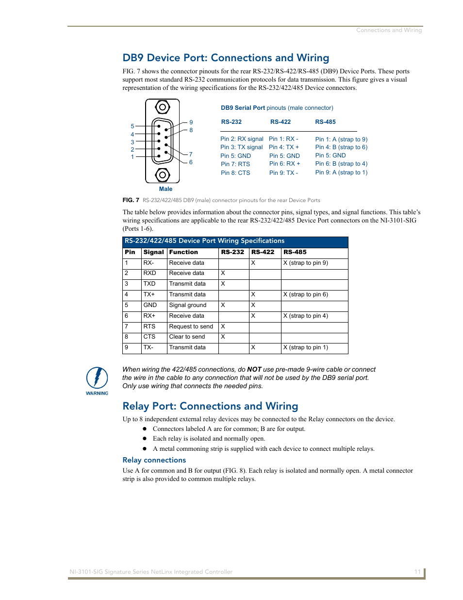 Db9 device port: connections and wiring, Relay port: connections and wiring, Relay connections | AMX Signature Series NetLinx Integrated Controller NI-3101-SIG User Manual | Page 21 / 156