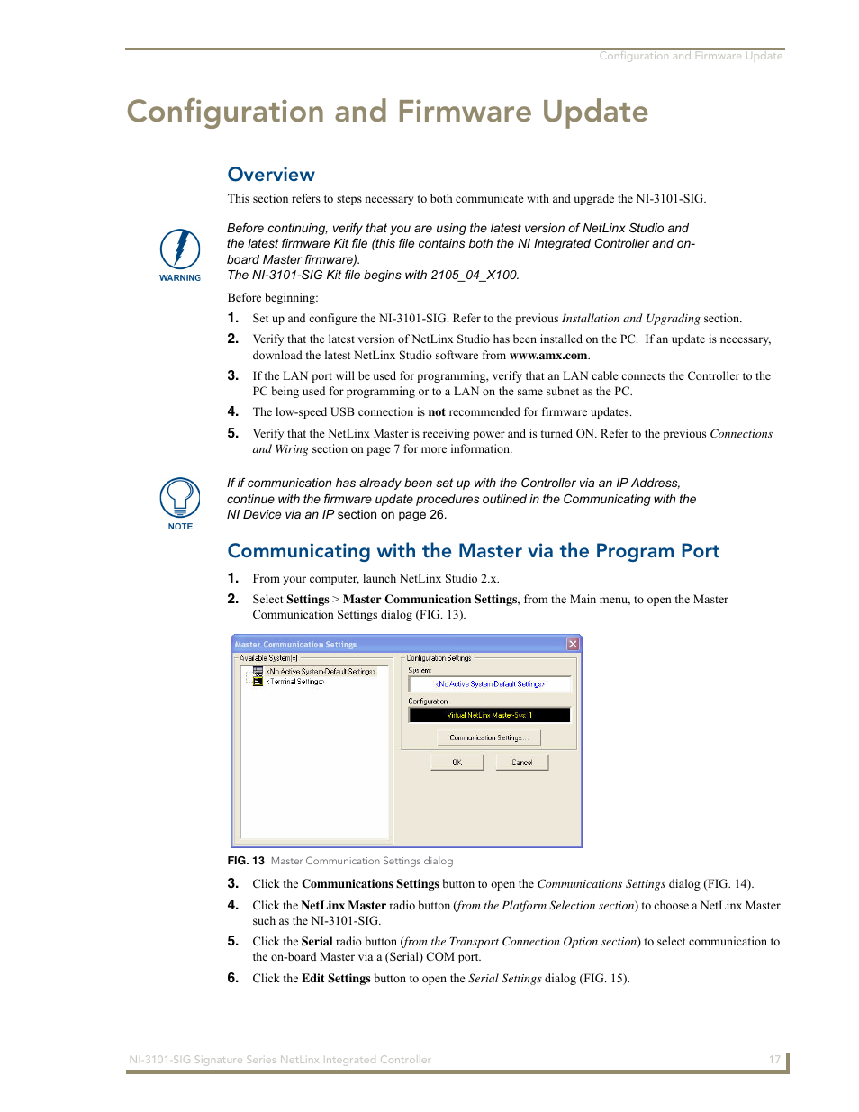 Configuration and firmware update, Overview, Communicating with the master via the program port | AMX Signature Series NetLinx Integrated Controller NI-3101-SIG User Manual | Page 27 / 156