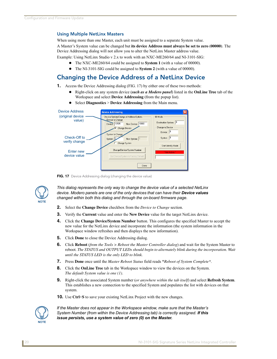 Using multiple netlinx masters, Changing the device address of a netlinx device | AMX Signature Series NetLinx Integrated Controller NI-3101-SIG User Manual | Page 30 / 156