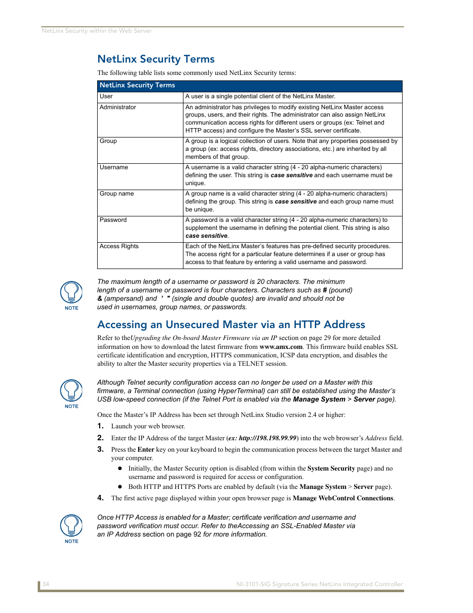 Netlinx security terms, Accessing an unsecured master via an http address | AMX Signature Series NetLinx Integrated Controller NI-3101-SIG User Manual | Page 44 / 156