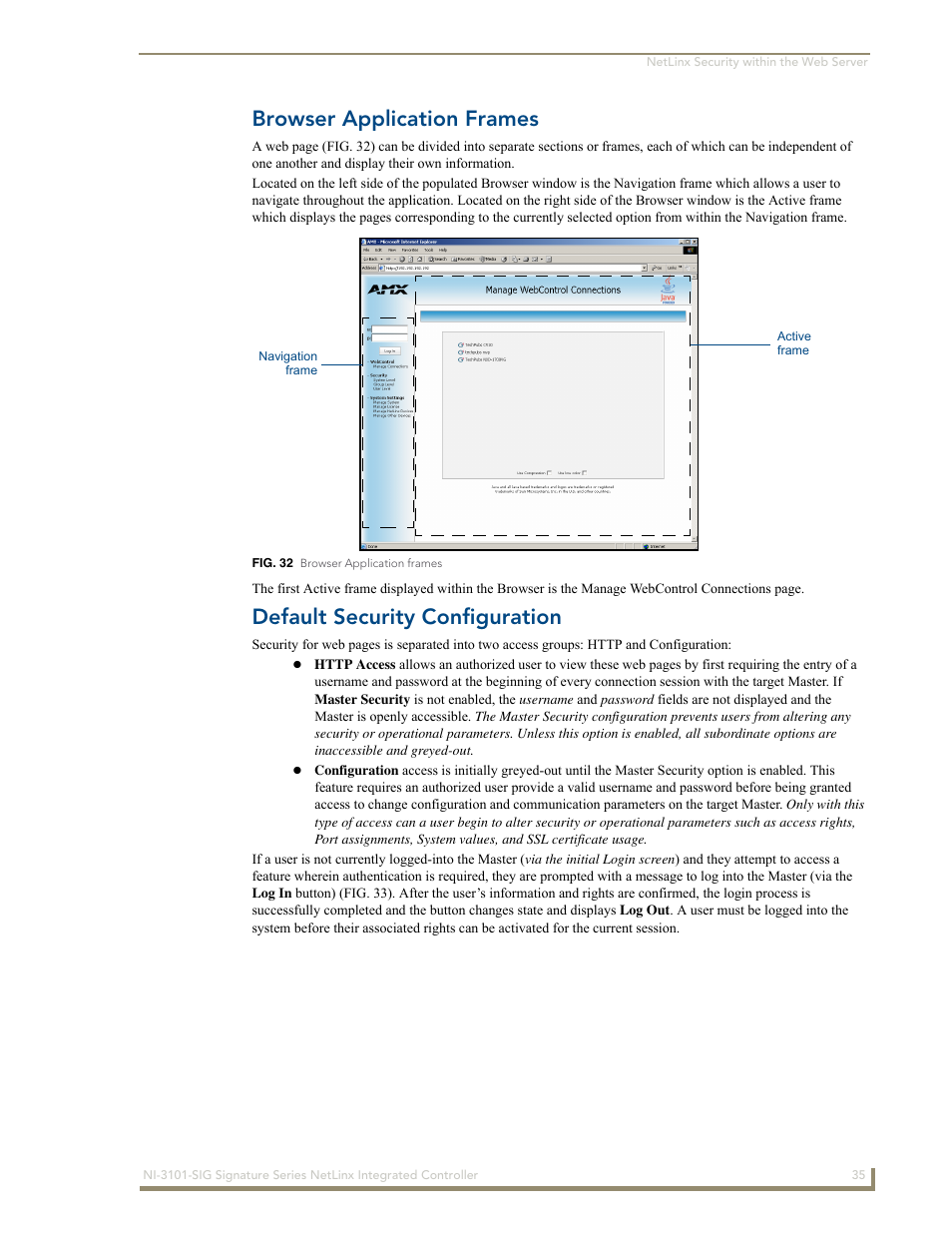 Browser application frames, Default security configuration | AMX Signature Series NetLinx Integrated Controller NI-3101-SIG User Manual | Page 45 / 156