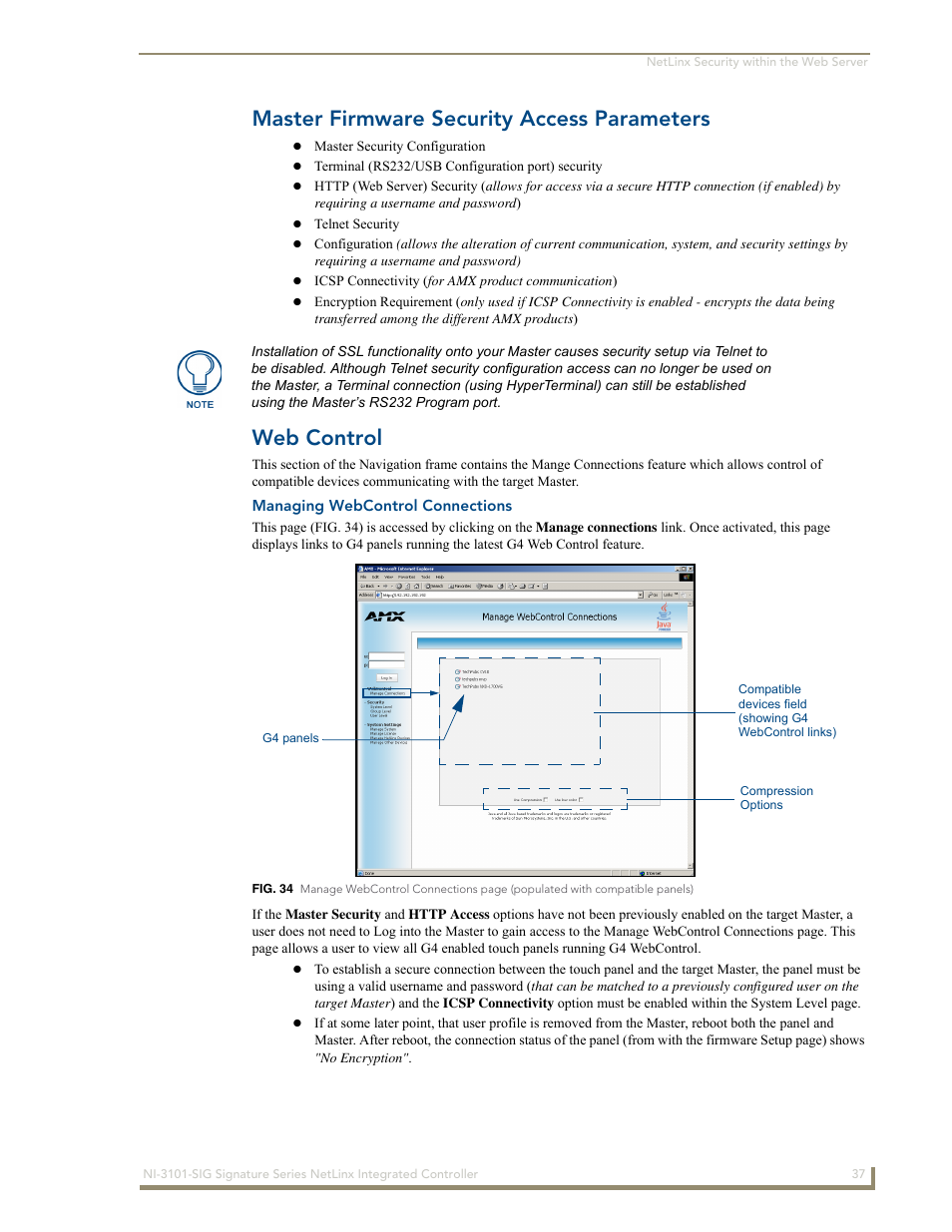 Master firmware security access parameters, Web control, Managing webcontrol connections | AMX Signature Series NetLinx Integrated Controller NI-3101-SIG User Manual | Page 47 / 156