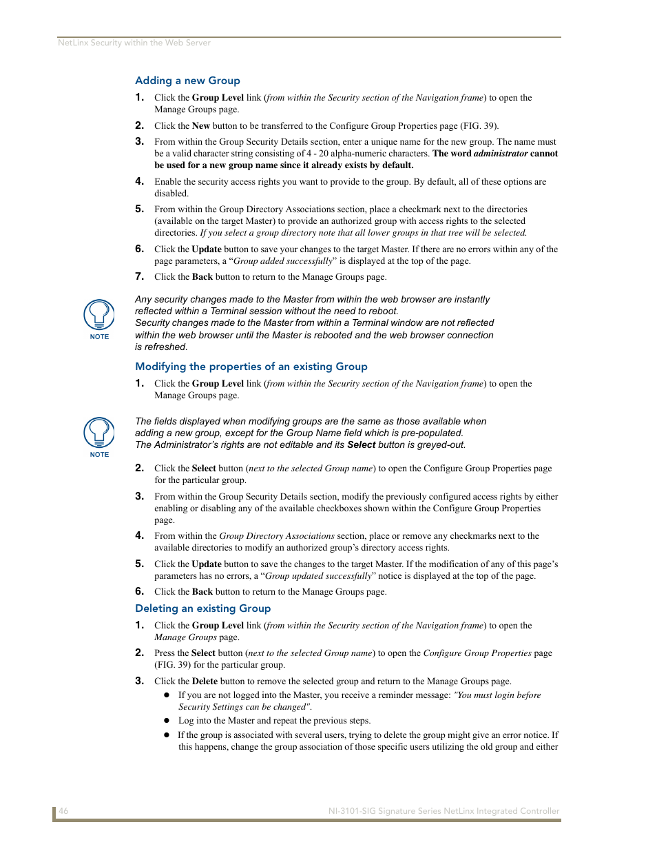Adding a new group, Modifying the properties of an existing group, Deleting an existing group | AMX Signature Series NetLinx Integrated Controller NI-3101-SIG User Manual | Page 56 / 156