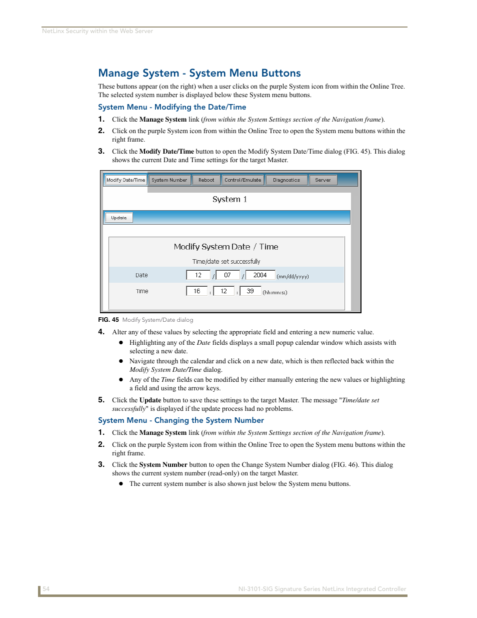 Manage system - system menu buttons, System menu - modifying the date/time, System menu - changing the system number | AMX Signature Series NetLinx Integrated Controller NI-3101-SIG User Manual | Page 64 / 156