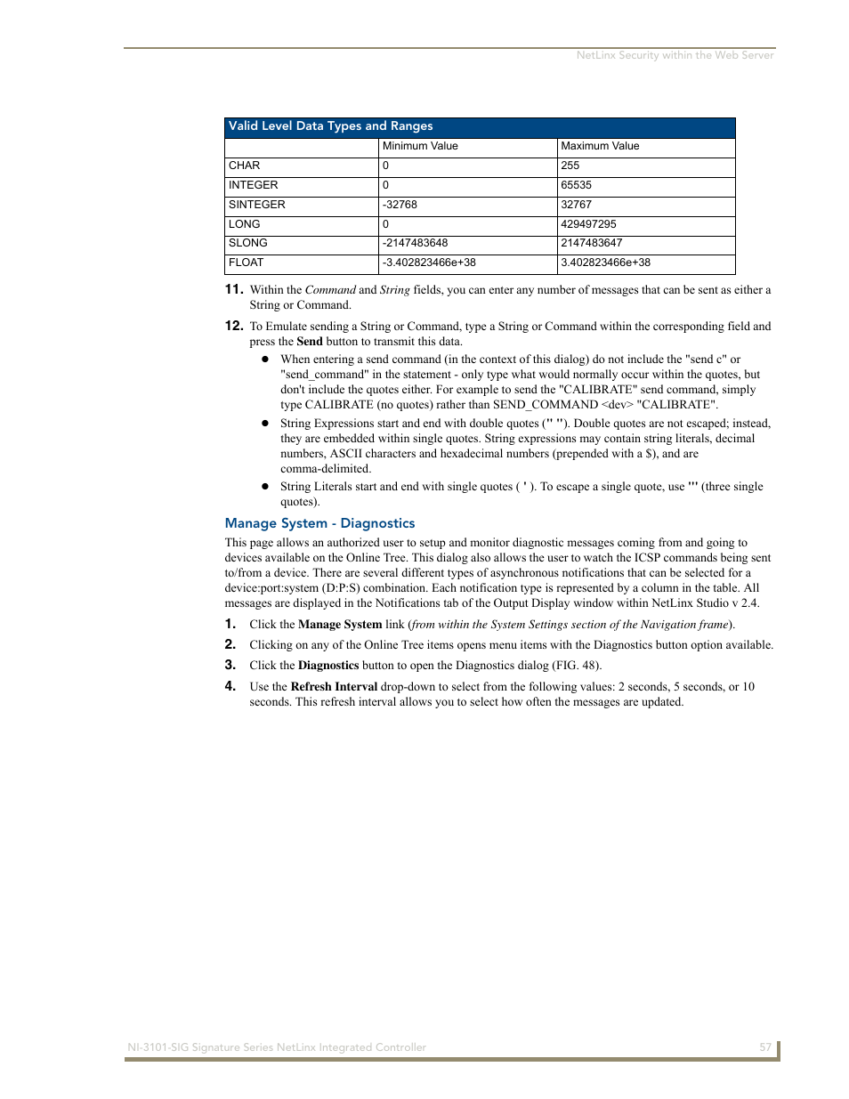 Manage system - diagnostics | AMX Signature Series NetLinx Integrated Controller NI-3101-SIG User Manual | Page 67 / 156