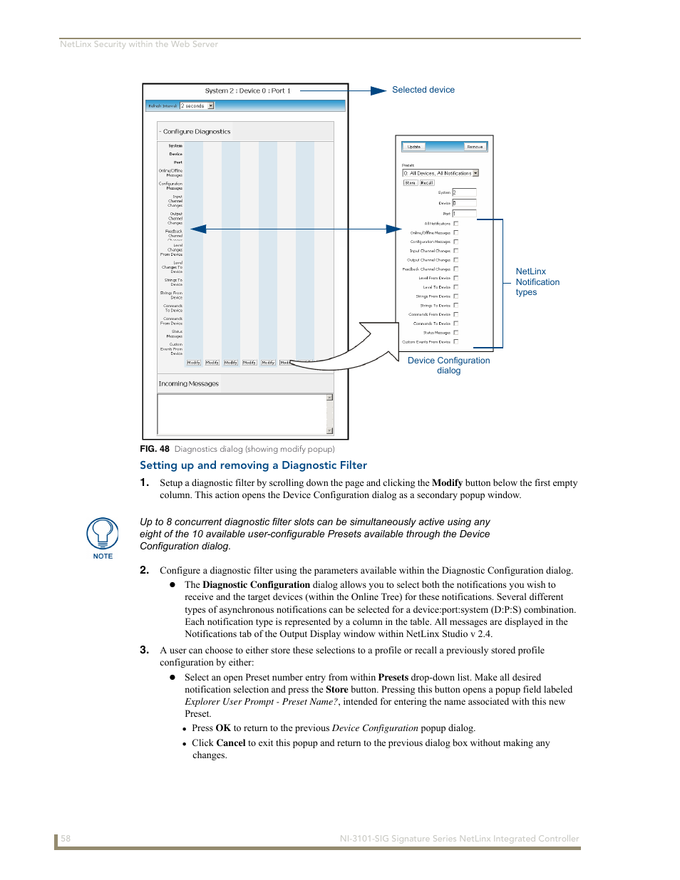 Setting up and removing a diagnostic filter | AMX Signature Series NetLinx Integrated Controller NI-3101-SIG User Manual | Page 68 / 156