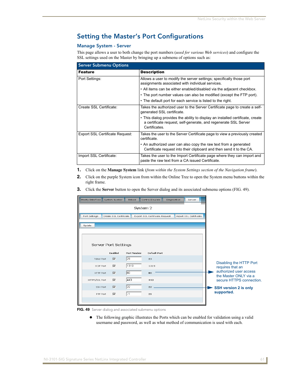 Setting the master’s port configurations, Manage system - server | AMX Signature Series NetLinx Integrated Controller NI-3101-SIG User Manual | Page 71 / 156