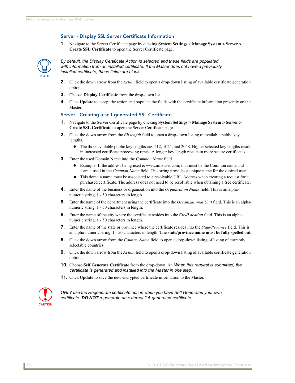 Server - creating a self-generated ssl certificate | AMX Signature Series NetLinx Integrated Controller NI-3101-SIG User Manual | Page 76 / 156
