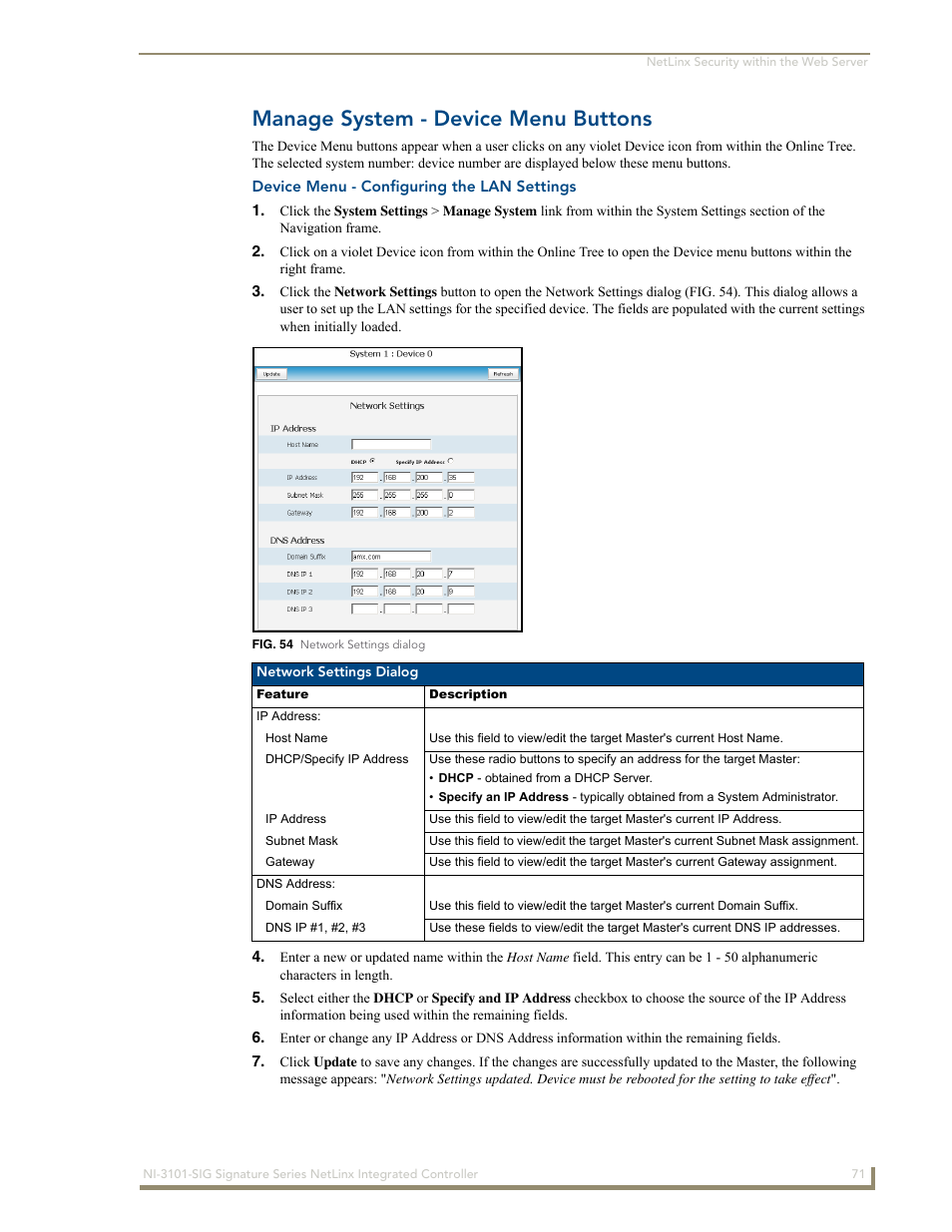 Manage system - device menu buttons, Device menu - configuring the lan settings | AMX Signature Series NetLinx Integrated Controller NI-3101-SIG User Manual | Page 81 / 156