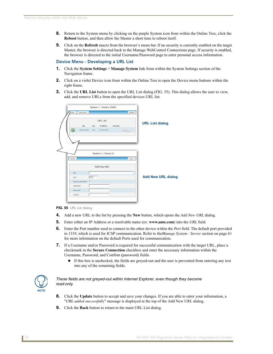 Device menu - developing a url list | AMX Signature Series NetLinx Integrated Controller NI-3101-SIG User Manual | Page 82 / 156
