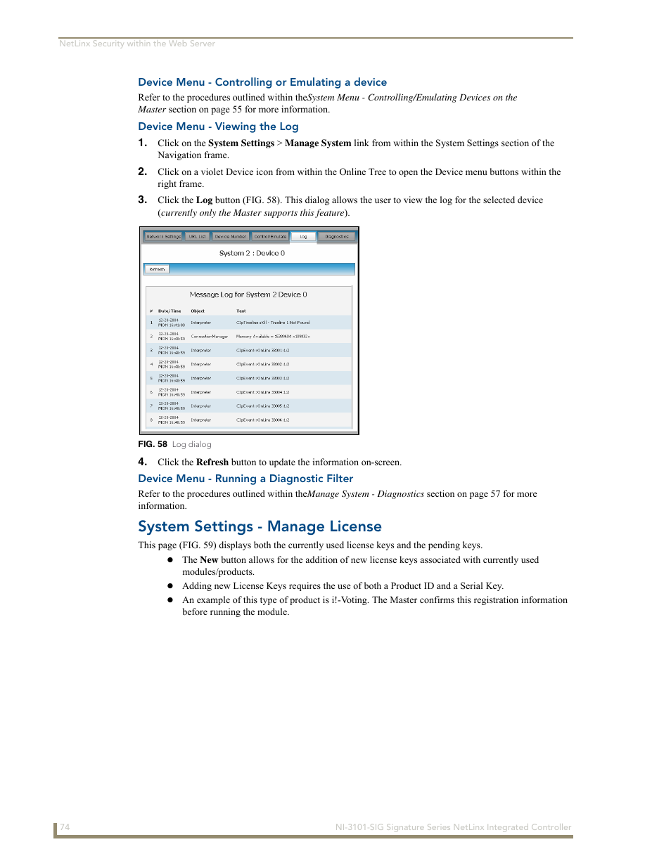 Device menu - controlling or emulating a device, Device menu - viewing the log, Device menu - running a diagnostic filter | System settings - manage license | AMX Signature Series NetLinx Integrated Controller NI-3101-SIG User Manual | Page 84 / 156
