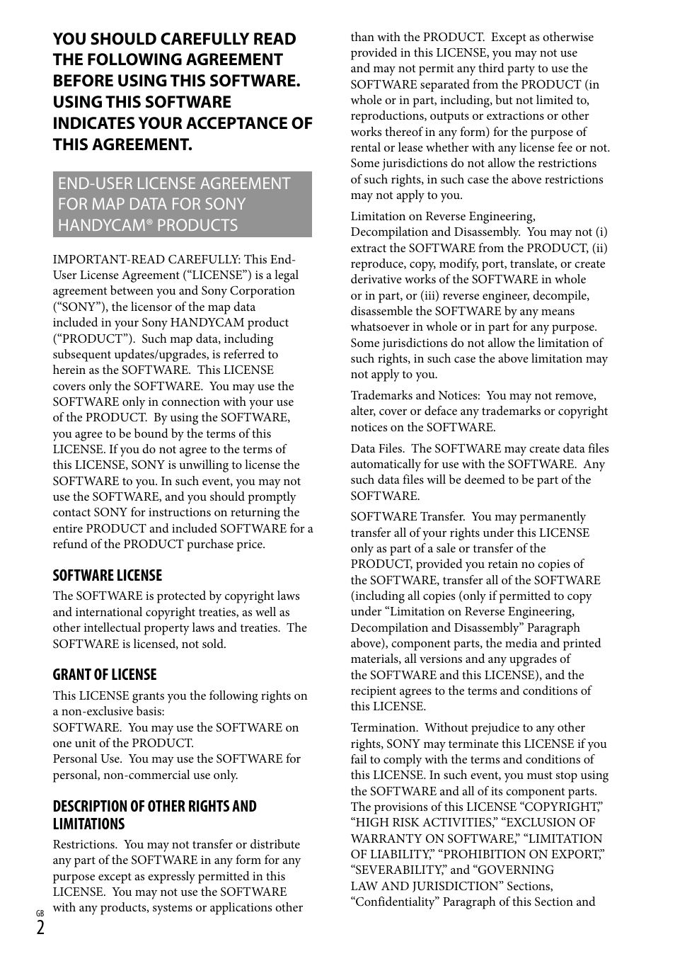 Software license, Grant of license, Description of other rights and limitations | Sony HDR-TG5V User Manual | Page 2 / 36