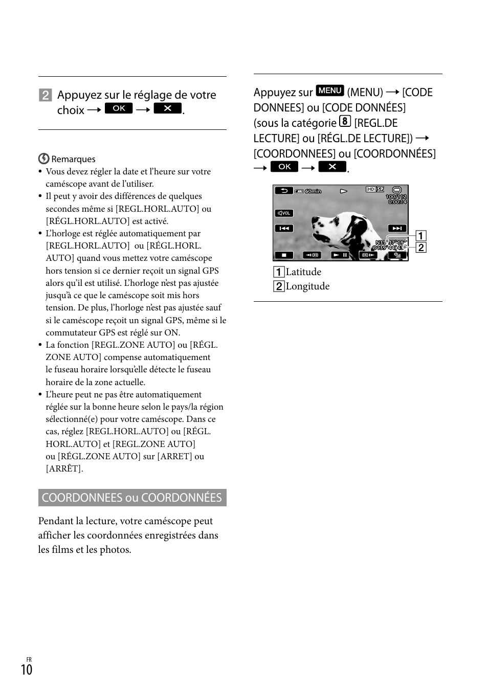 Coordonnees ou coordonnées, Appuyez sur le réglage de votre choix | Sony HDR-TG5V User Manual | Page 20 / 36