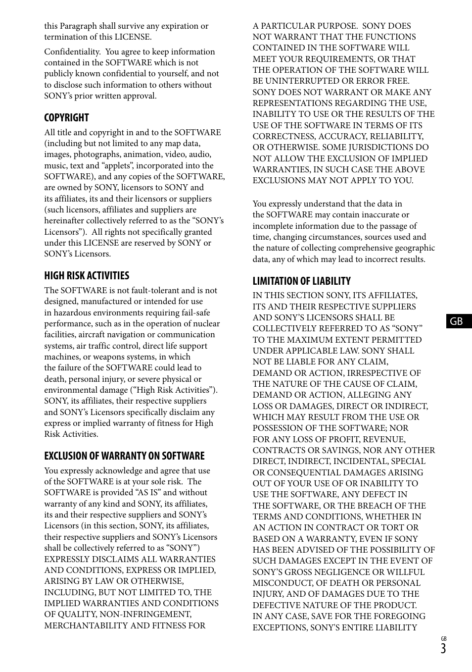 Copyright, High risk activities, Exclusion of warranty on software | Limitation of liability | Sony HDR-TG5V User Manual | Page 3 / 36