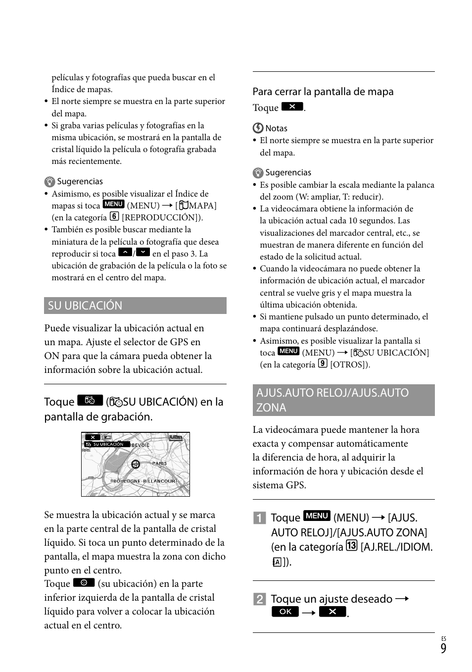 Ajus.auto reloj/ajus.auto zona, Su ubicación, Toque ( su ubicación) en la pantalla de grabación | Sony HDR-TG5V User Manual | Page 31 / 36