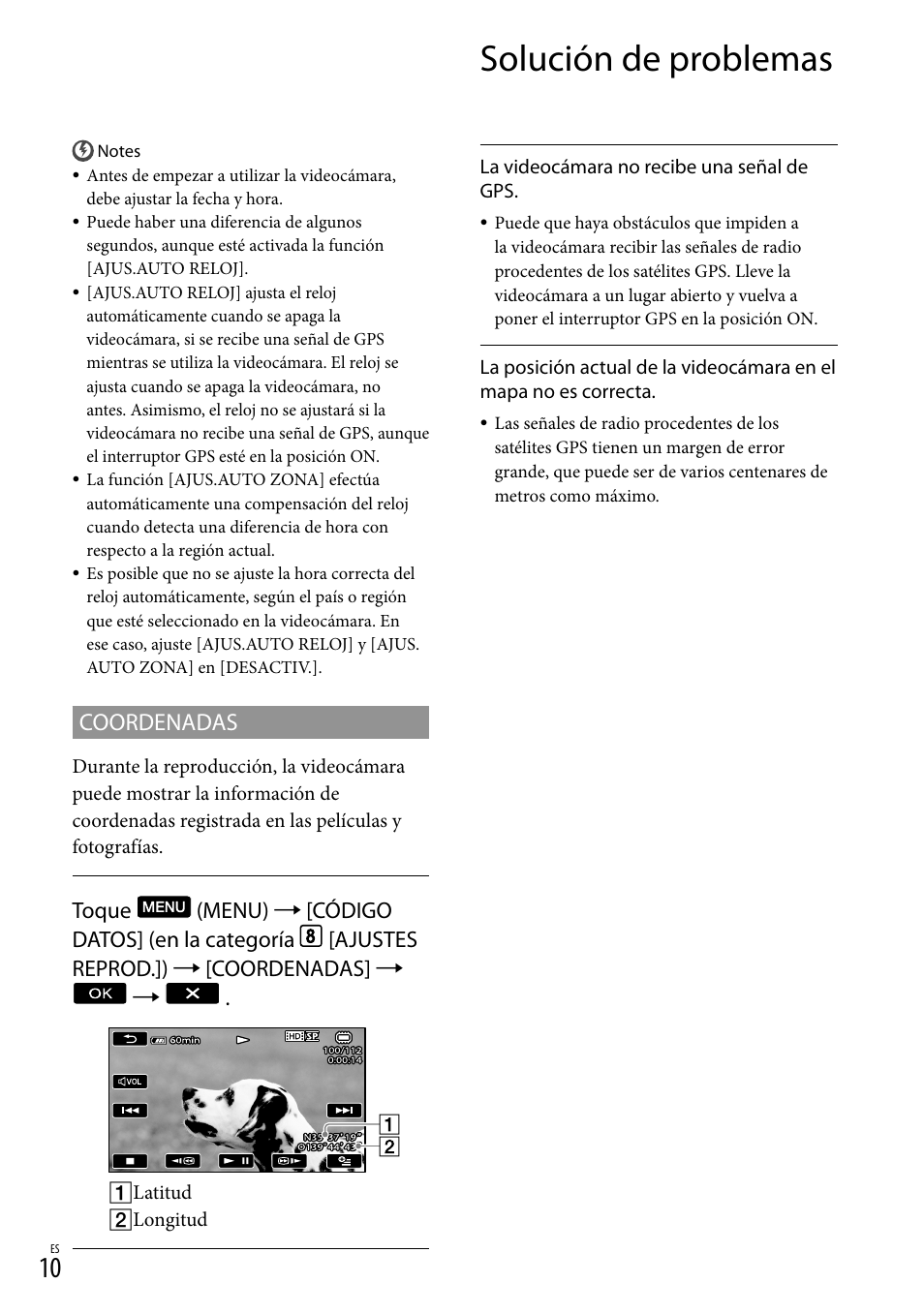 Solución de problemas, Coordenadas | Sony HDR-TG5V User Manual | Page 32 / 36