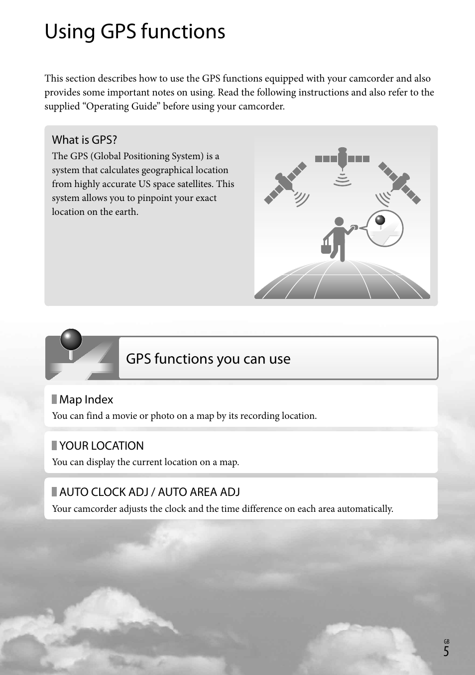 Using gps functions, Gps functions you can use | Sony HDR-TG5V User Manual | Page 5 / 36