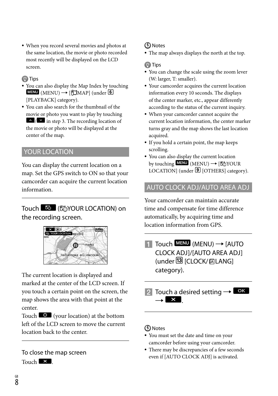 Auto clock adj/auto area adj, Your location, Touch ( your location) on the recording screen | Sony HDR-TG5V User Manual | Page 8 / 36