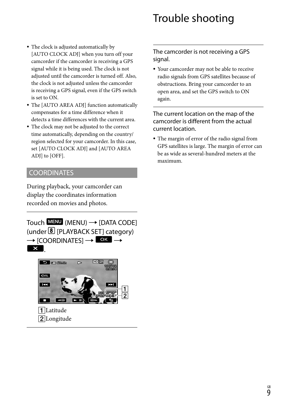 Trouble shooting, Coordinates | Sony HDR-TG5V User Manual | Page 9 / 36