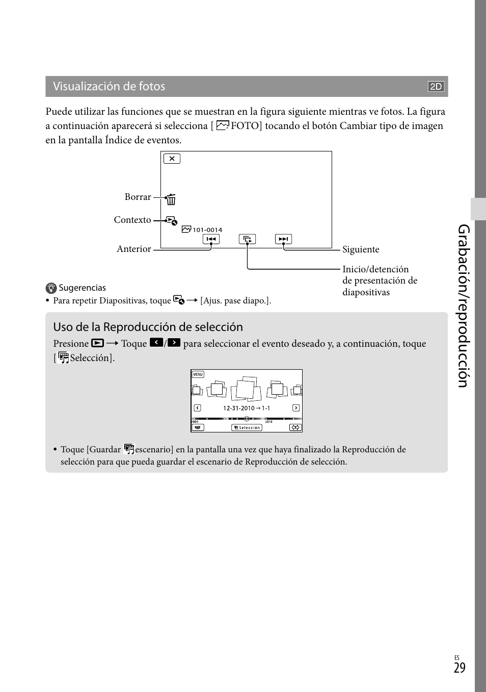 Uso de la reproducción de selección, Gr abación/r epr oduc ción | Sony HDR-TD10 User Manual | Page 101 / 142