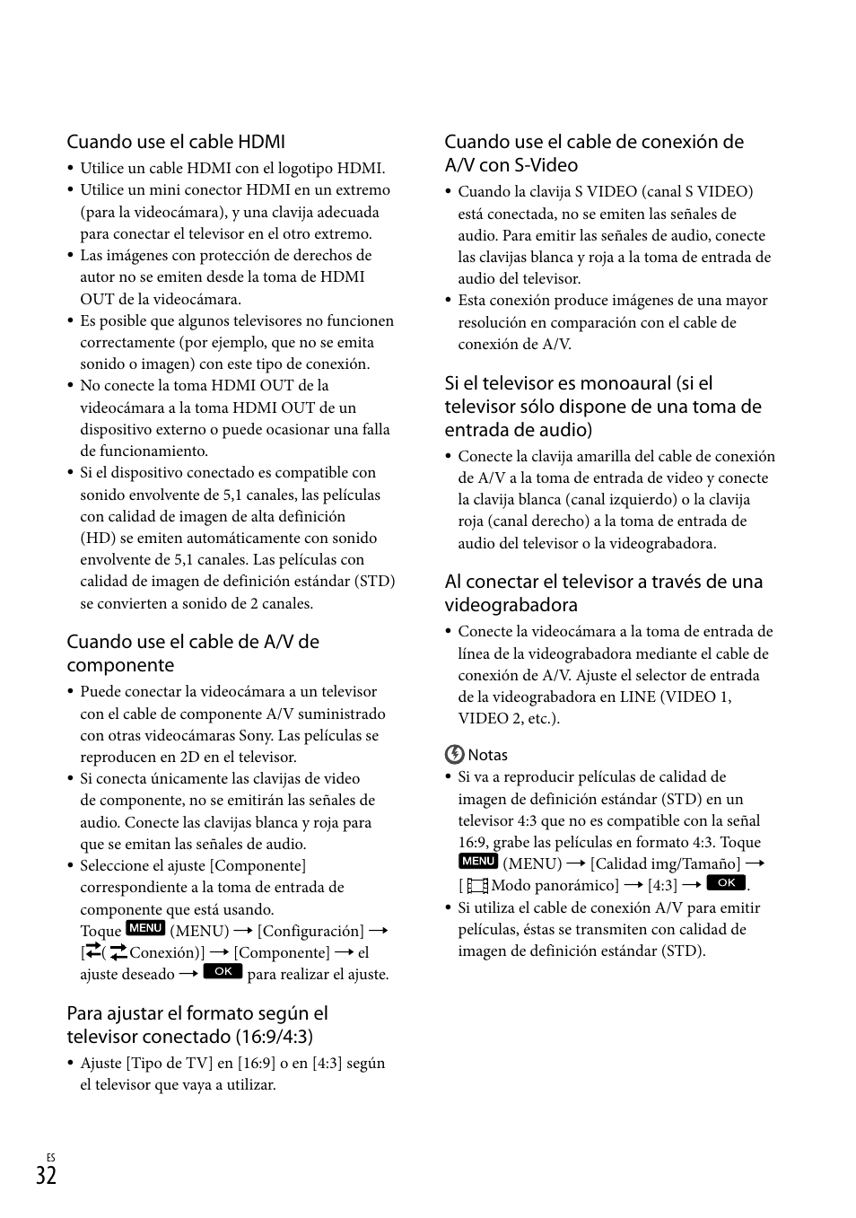 Cuando use el cable hdmi, Cuando use el cable de a/v de componente, Cuando use el cable de conexión de a/v con s-video | Sony HDR-TD10 User Manual | Page 104 / 142