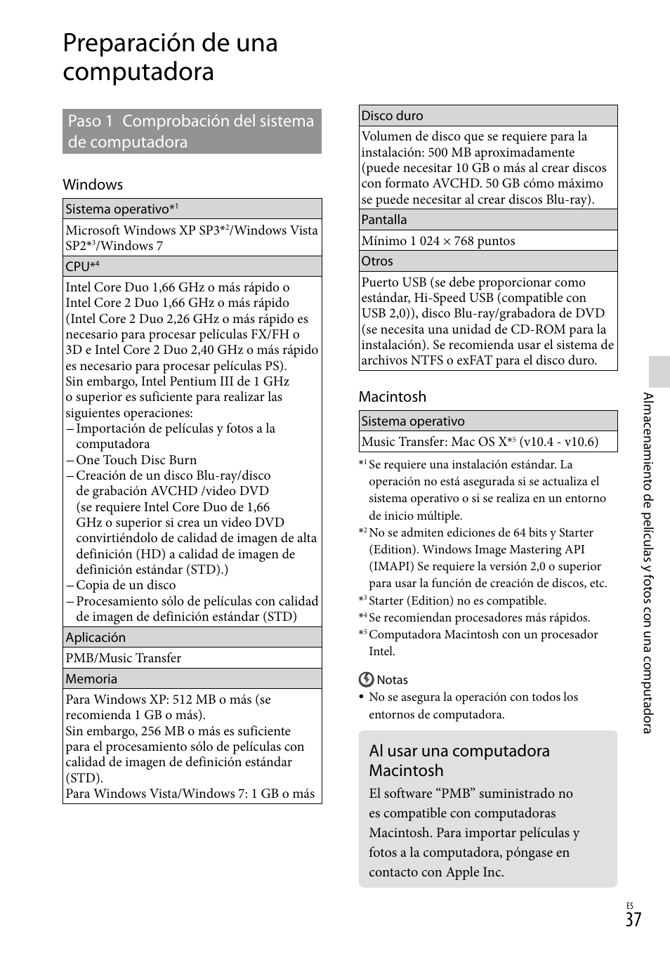 Preparación de una computadora, Al usar una computadora macintosh, Paso 1 comprobación del sistema de computadora | Windows, Macintosh | Sony HDR-TD10 User Manual | Page 109 / 142