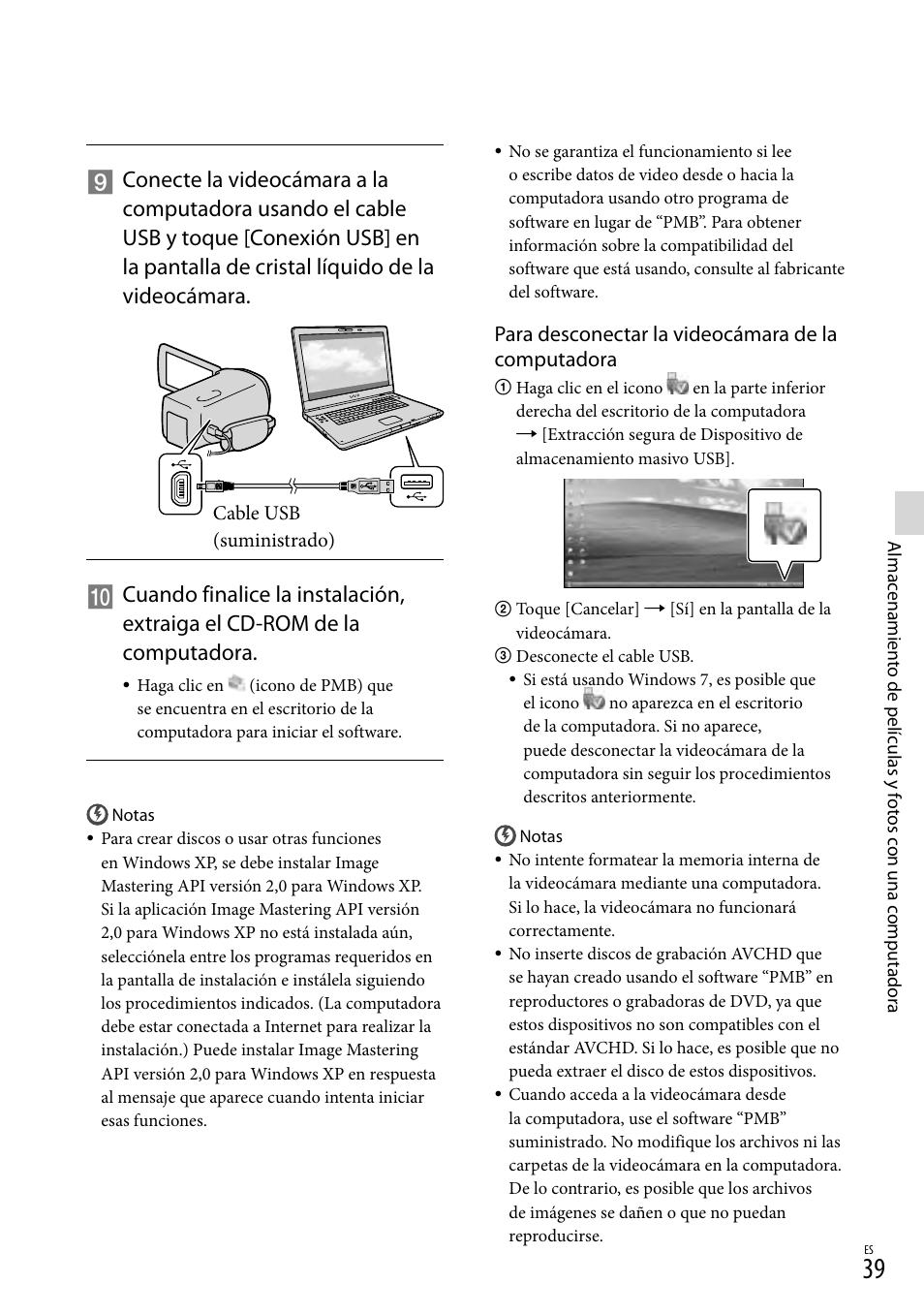 Para desconectar la videocámara de la computadora | Sony HDR-TD10 User Manual | Page 111 / 142