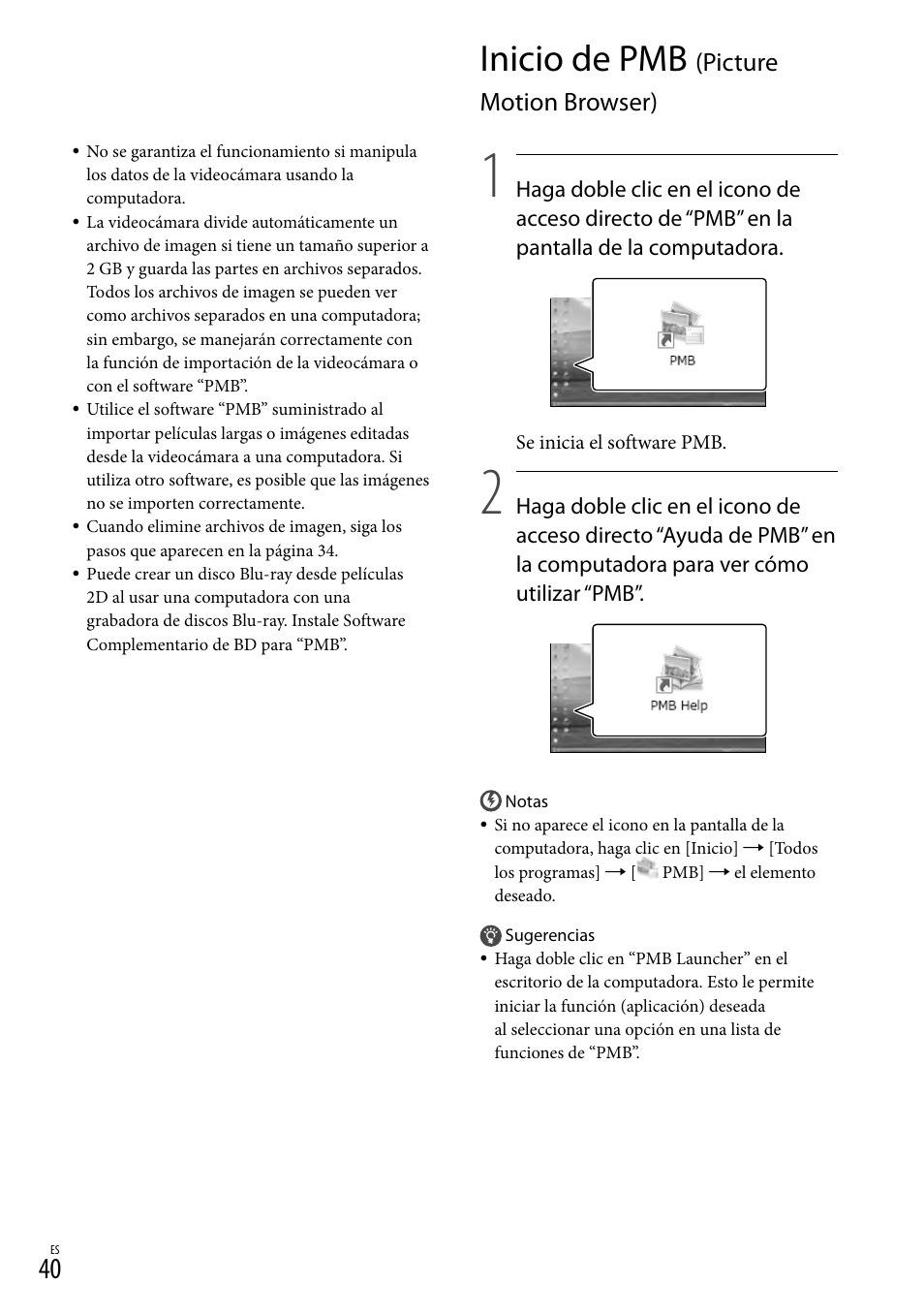 Inicio de pmb (picture motion browser), Inicio de pmb (picture motion browser, Inicio de pmb | Picture motion browser) | Sony HDR-TD10 User Manual | Page 112 / 142