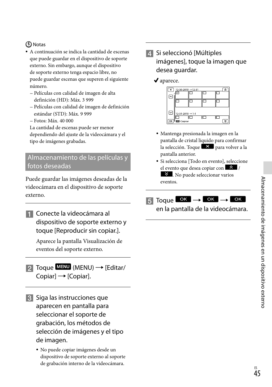 Almacenamiento de las películas y fotos deseadas, Toque   en la pantalla de la videocámara | Sony HDR-TD10 User Manual | Page 117 / 142