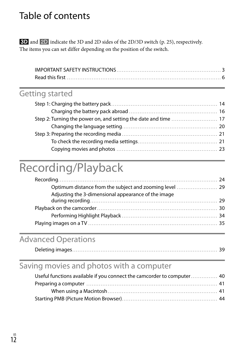 Sony HDR-TD10 User Manual | Page 12 / 142