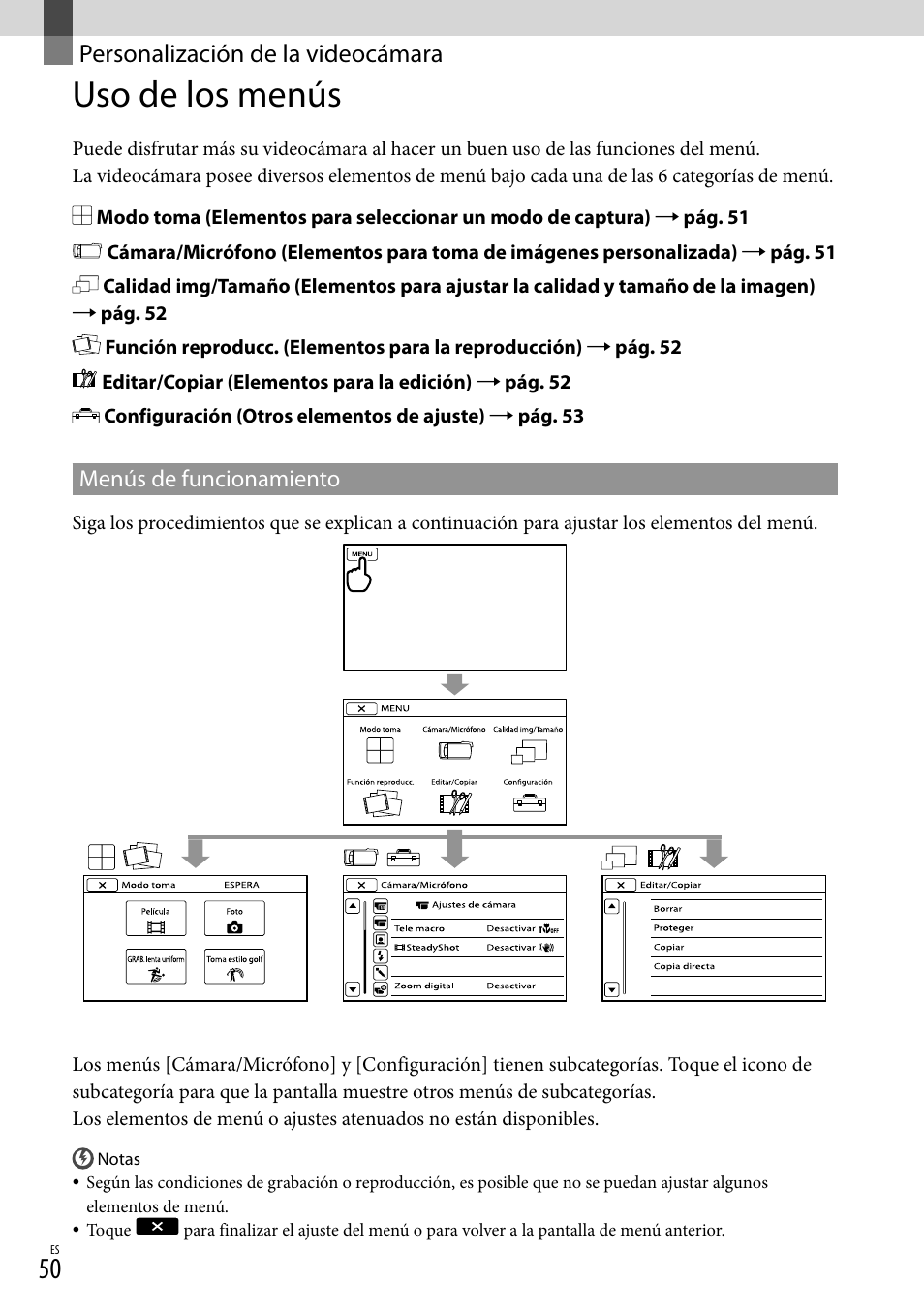 Personalización de la videocámara, Uso de los menús | Sony HDR-TD10 User Manual | Page 122 / 142