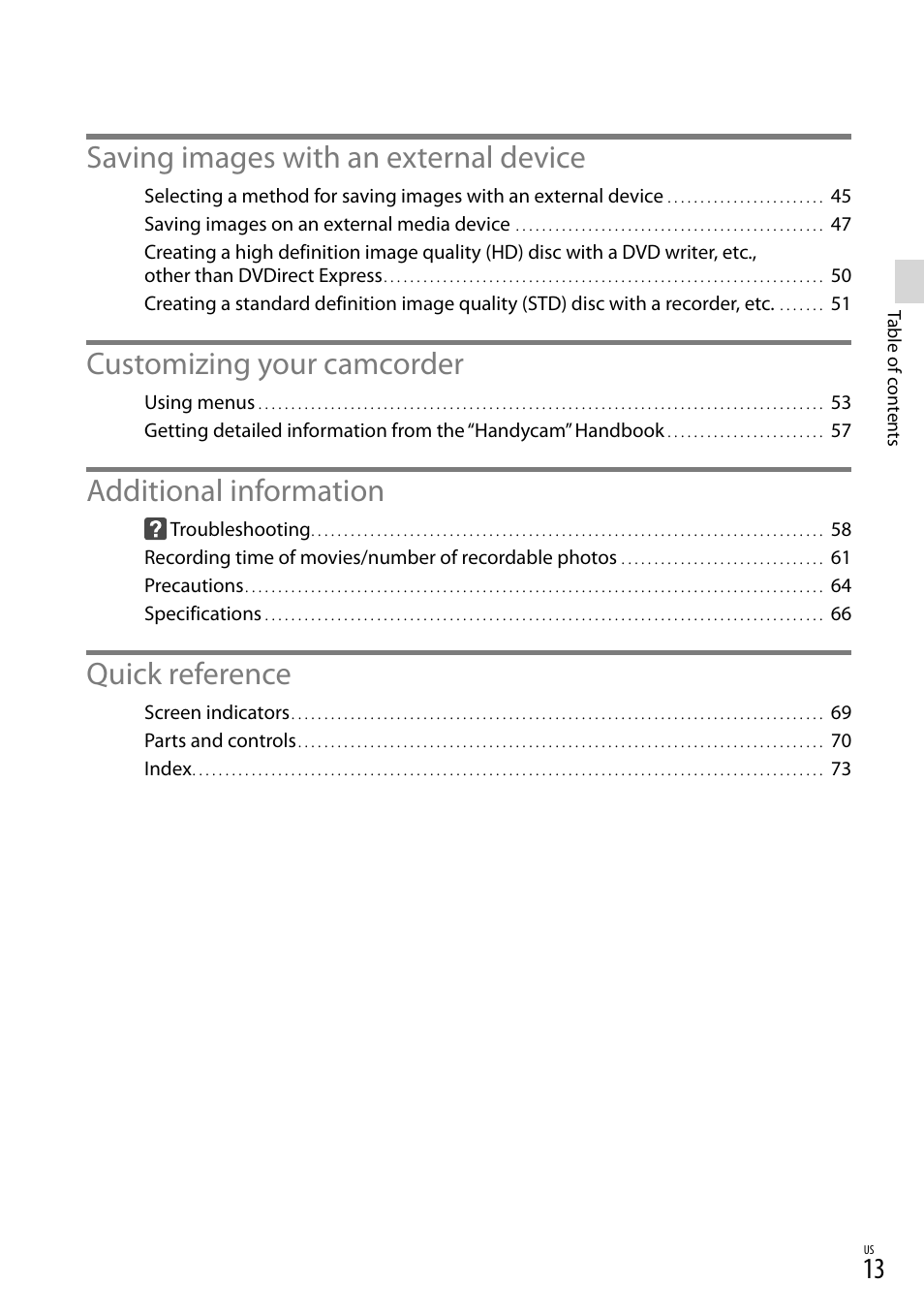 Saving images with an external device, Customizing your camcorder, Additional information | Quick reference | Sony HDR-TD10 User Manual | Page 13 / 142