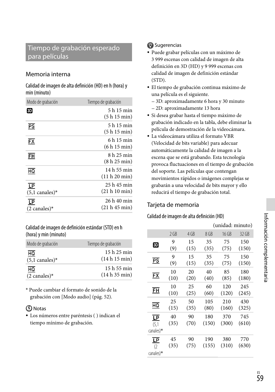 59). e, Tiempo de grabación esperado para películas | Sony HDR-TD10 User Manual | Page 131 / 142