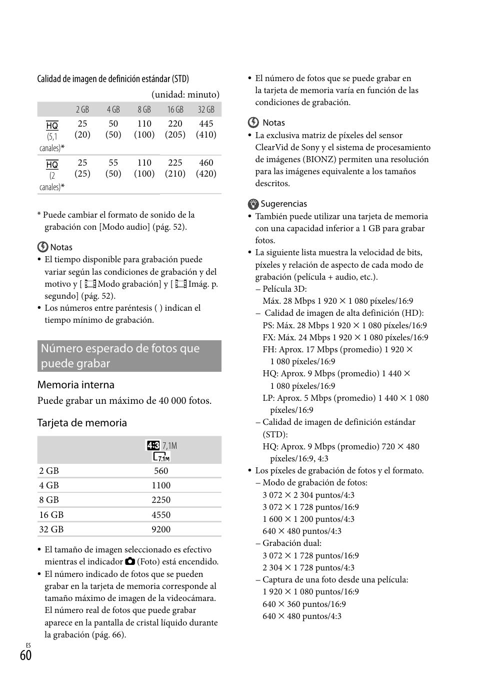 Número esperado de fotos que puede grabar | Sony HDR-TD10 User Manual | Page 132 / 142