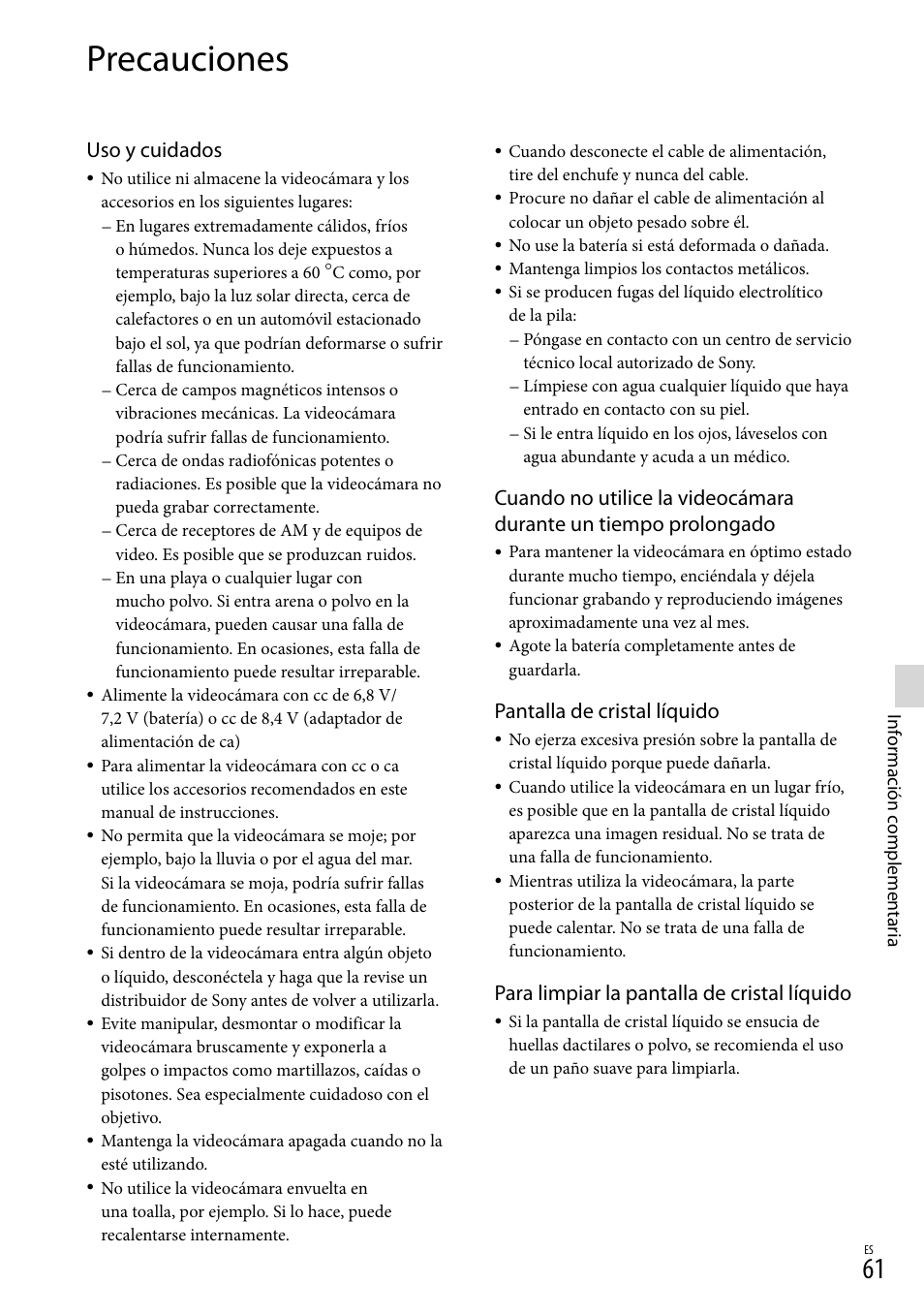 Precauciones, Uso y cuidados, Pantalla de cristal líquido | Para limpiar la pantalla de cristal líquido | Sony HDR-TD10 User Manual | Page 133 / 142