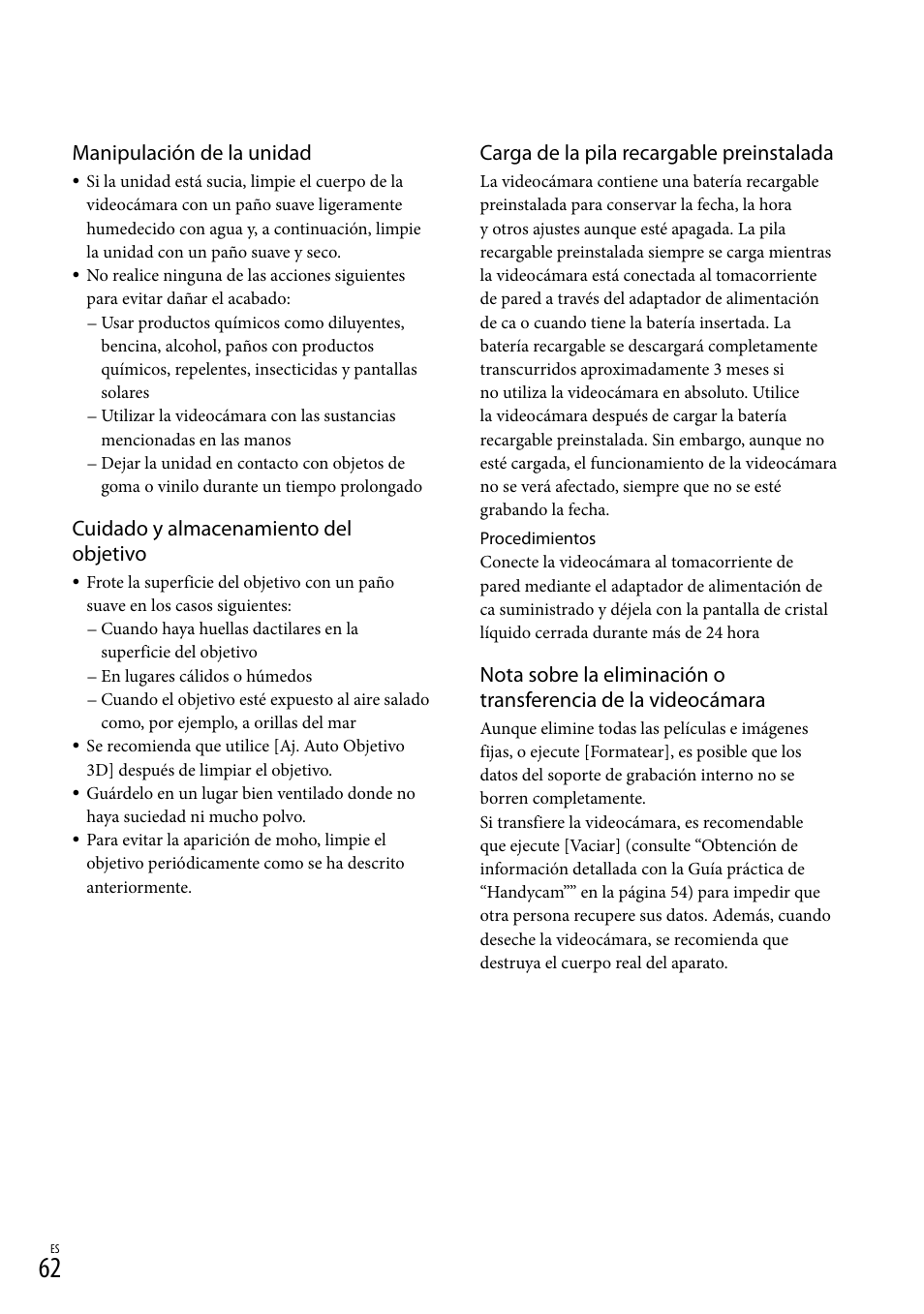 Manipulación de la unidad, Cuidado y almacenamiento del objetivo, Carga de la pila recargable preinstalada | Sony HDR-TD10 User Manual | Page 134 / 142