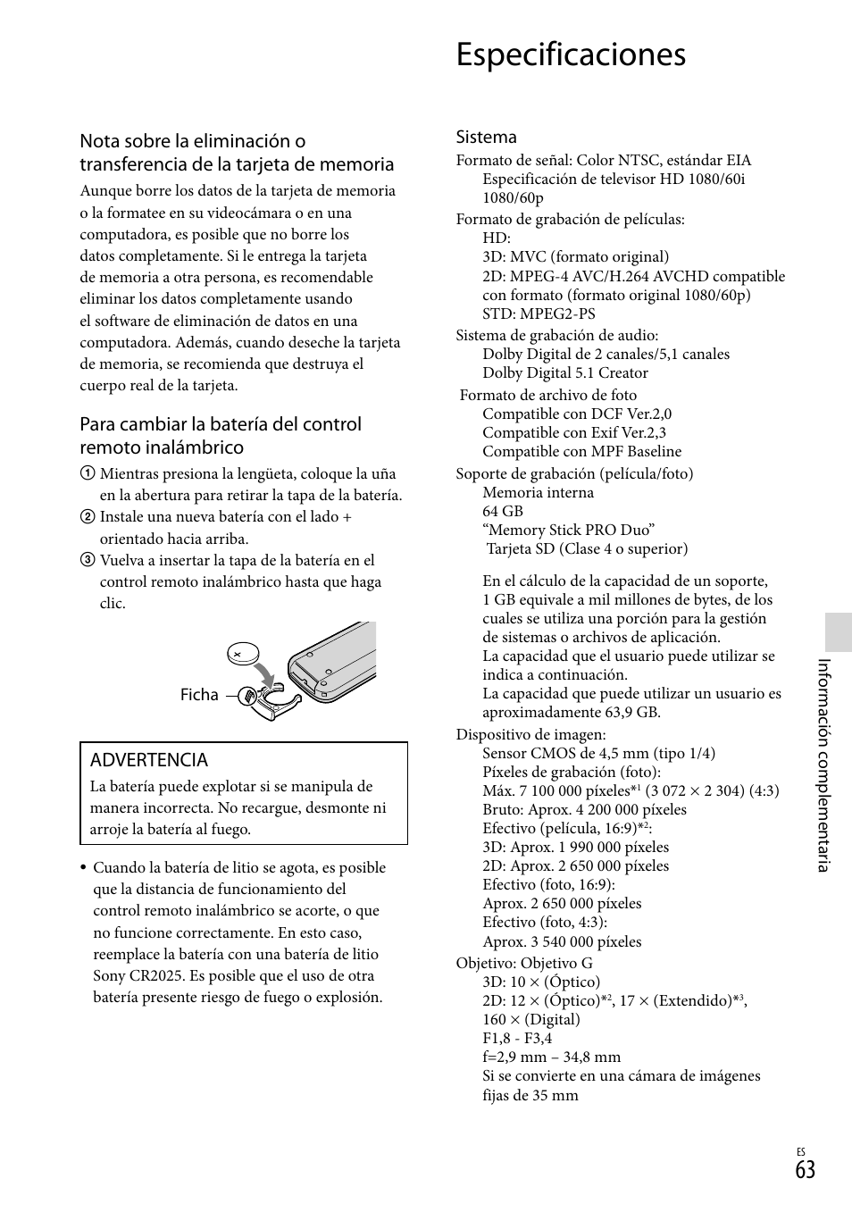 Especificaciones, Advertencia | Sony HDR-TD10 User Manual | Page 135 / 142