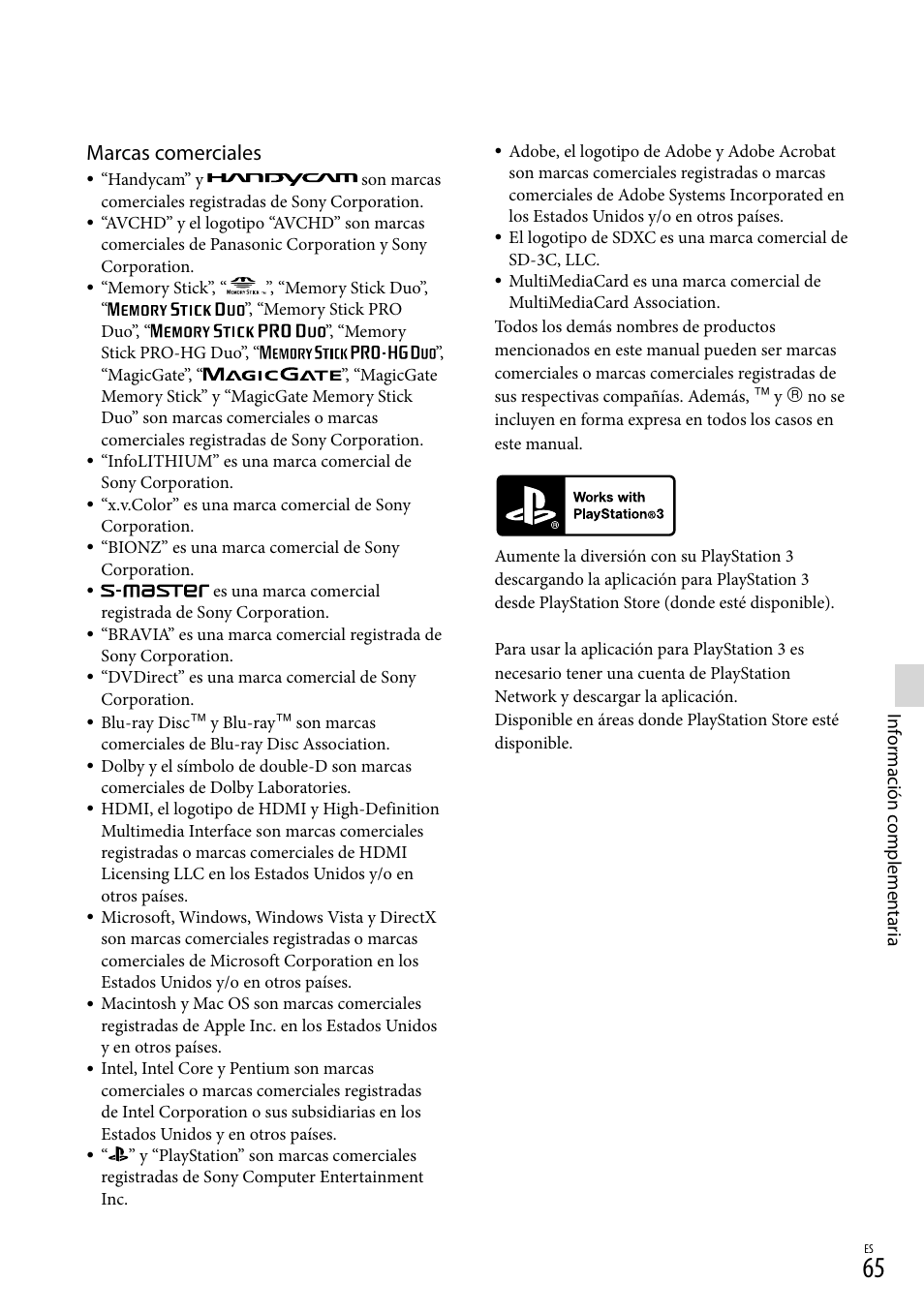 Marcas comerciales | Sony HDR-TD10 User Manual | Page 137 / 142