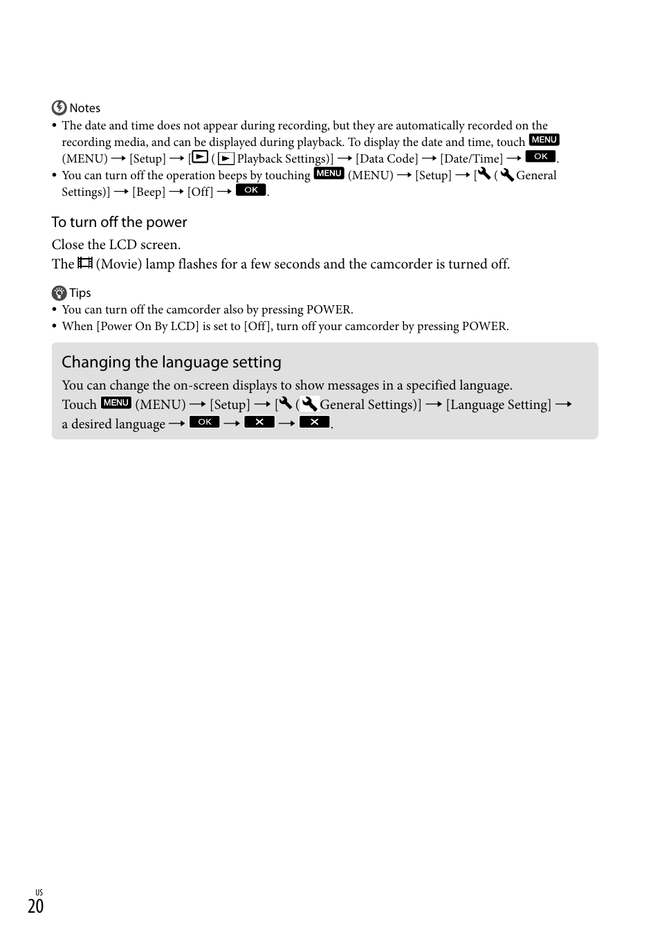 Changing the language setting | Sony HDR-TD10 User Manual | Page 20 / 142