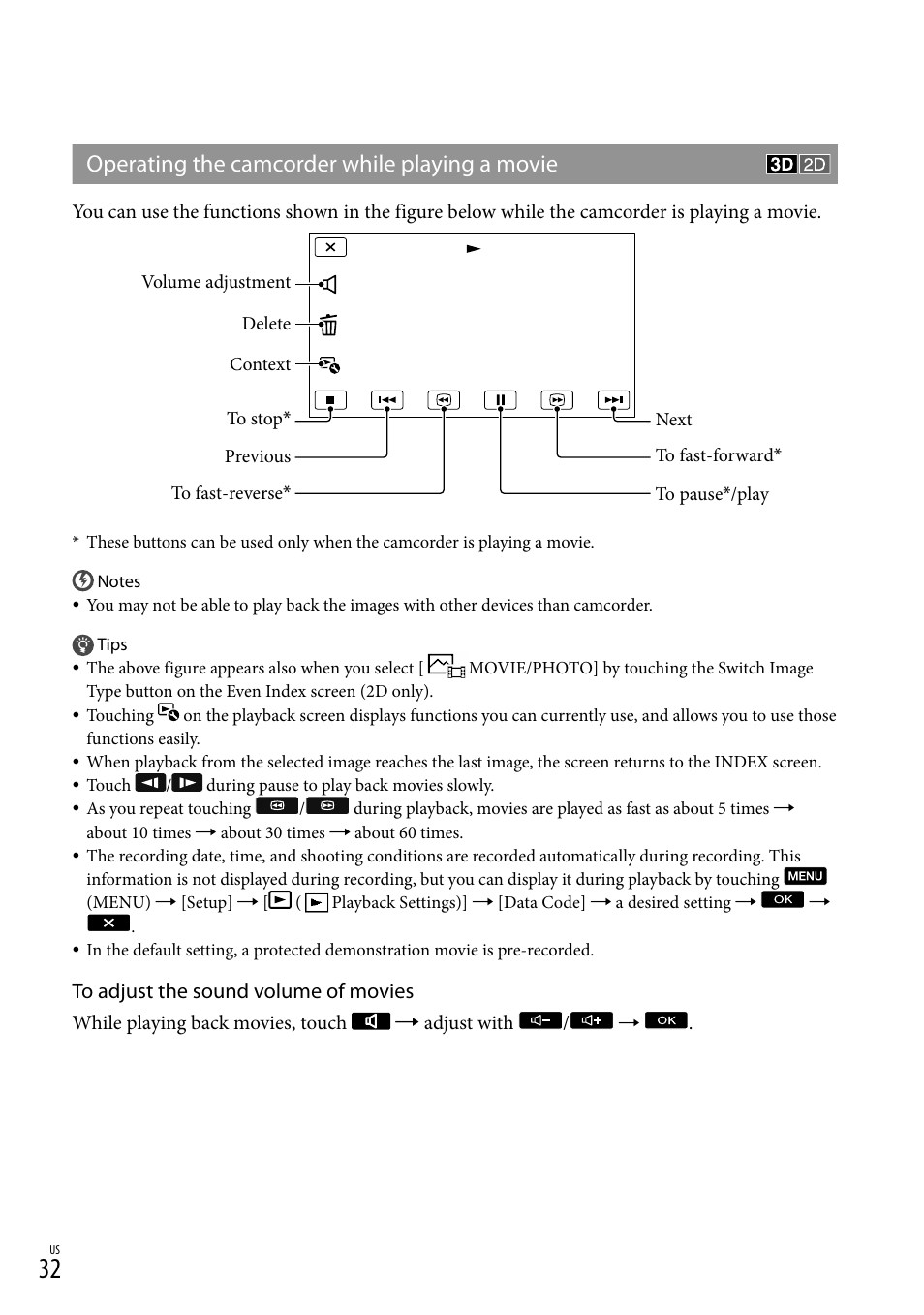 Operating the camcorder while playing a movie | Sony HDR-TD10 User Manual | Page 32 / 142