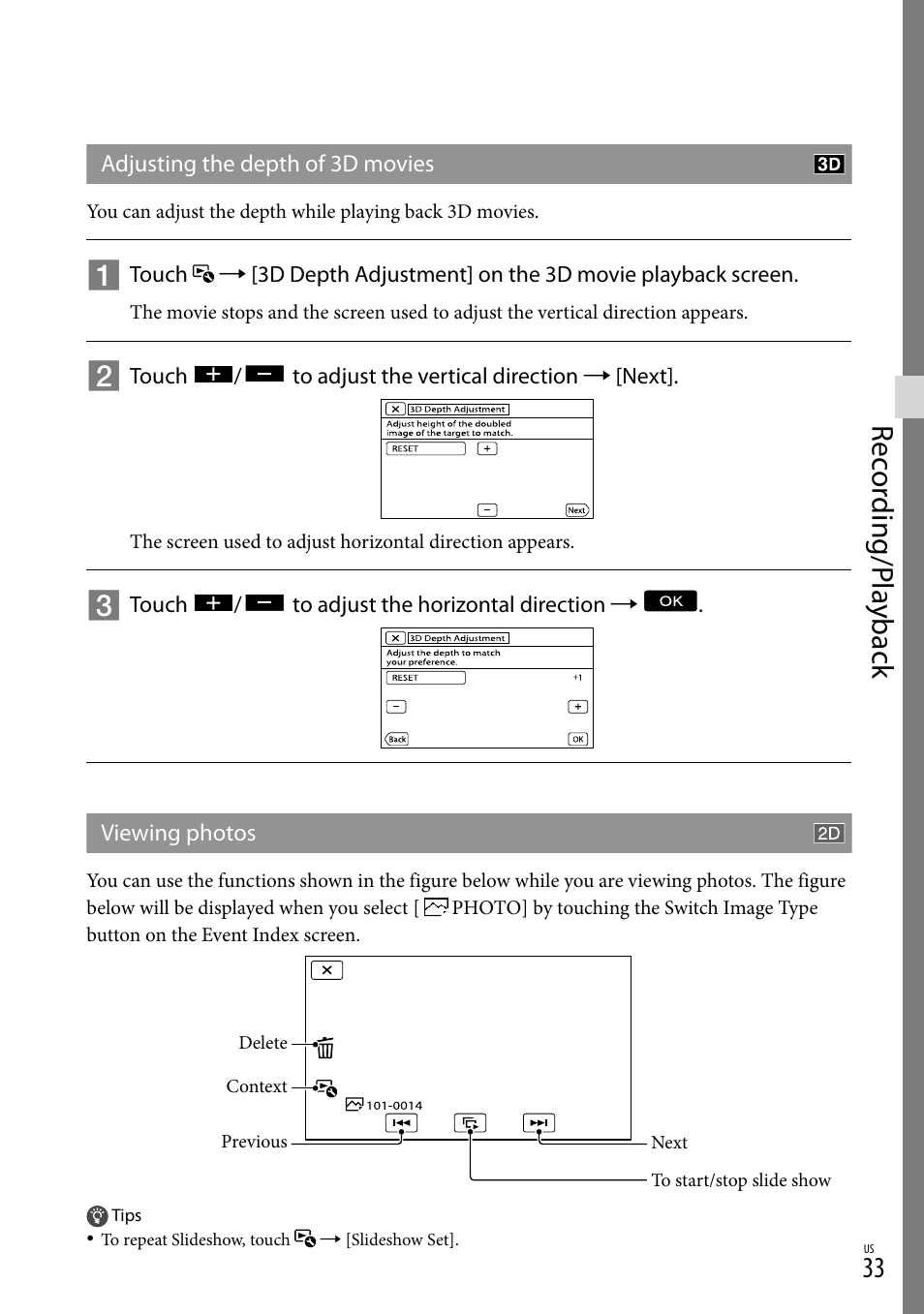 Rec or ding/p la yback | Sony HDR-TD10 User Manual | Page 33 / 142