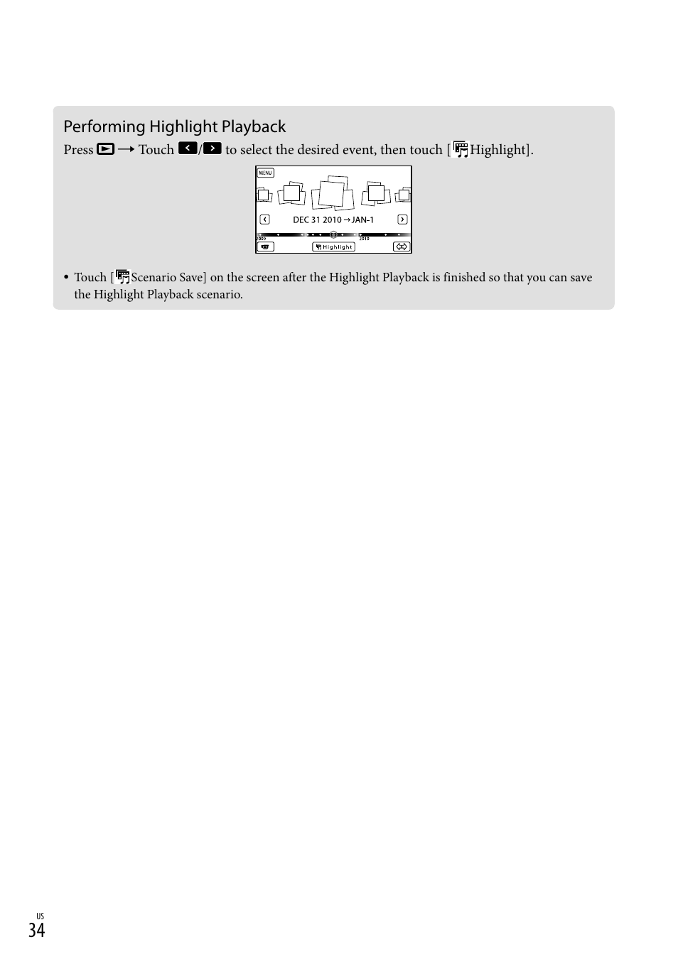 Performing highlight playback | Sony HDR-TD10 User Manual | Page 34 / 142