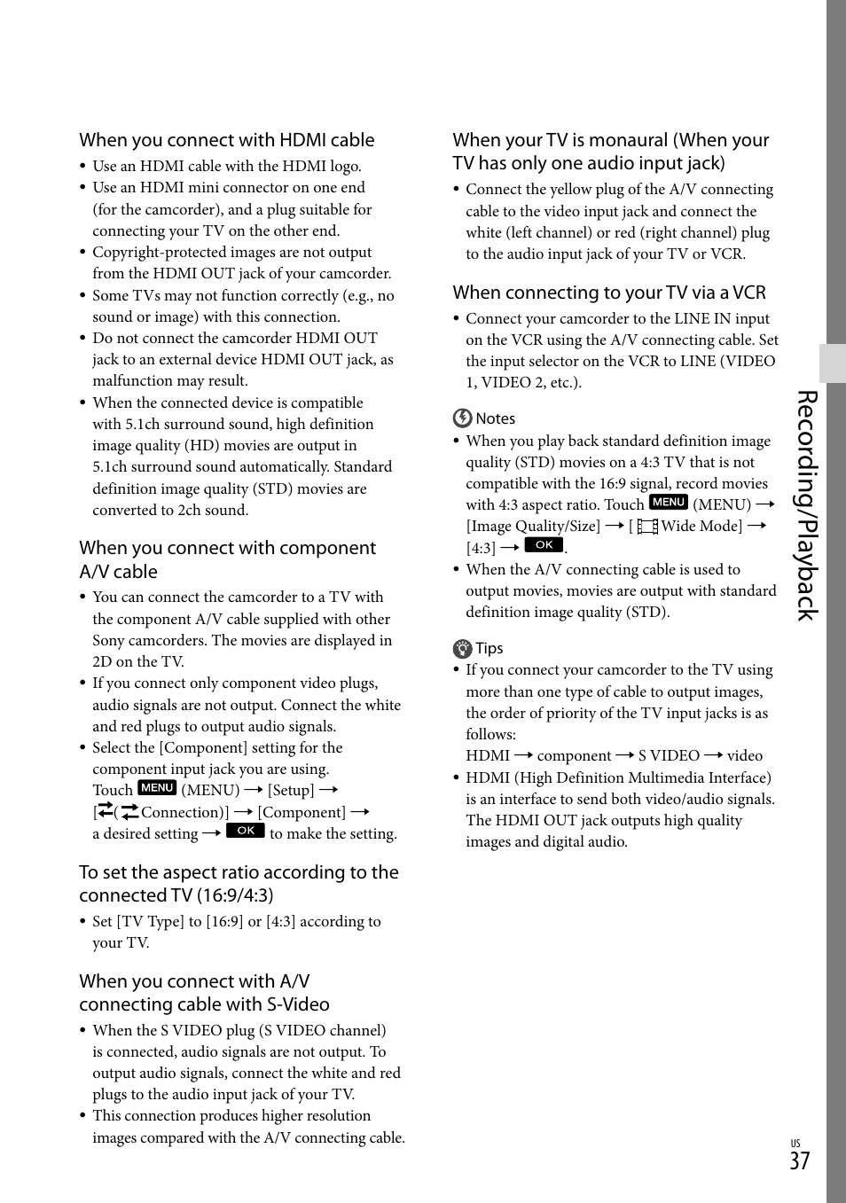 Rec or ding/p la yback, When you connect with hdmi cable, When you connect with component a/v cable | When connecting to your tv via a vcr | Sony HDR-TD10 User Manual | Page 37 / 142