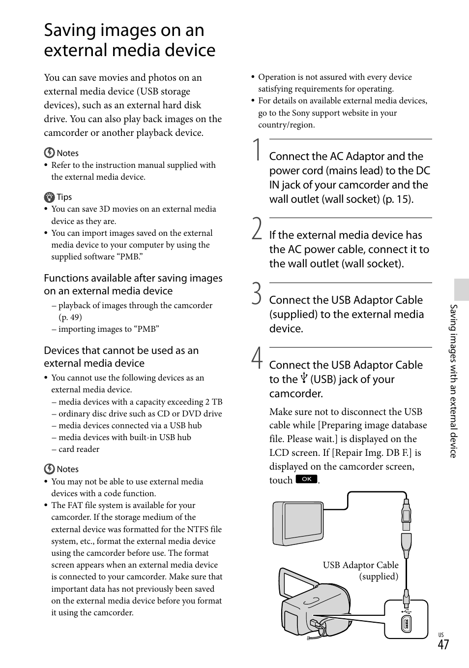 Saving images on an external media device, 47). m | Sony HDR-TD10 User Manual | Page 47 / 142