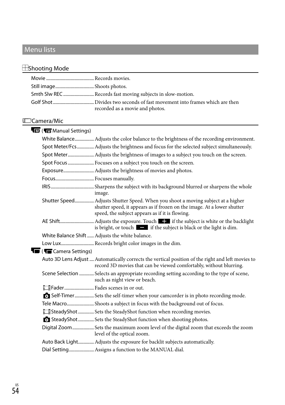 Menu lists | Sony HDR-TD10 User Manual | Page 54 / 142