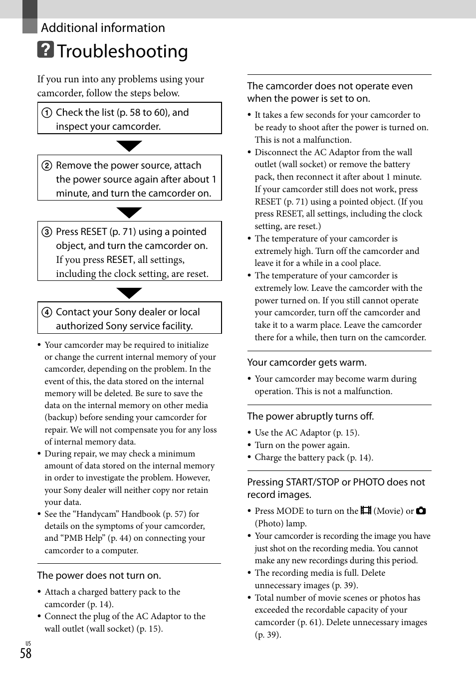 Additional information, Troubleshooting | Sony HDR-TD10 User Manual | Page 58 / 142