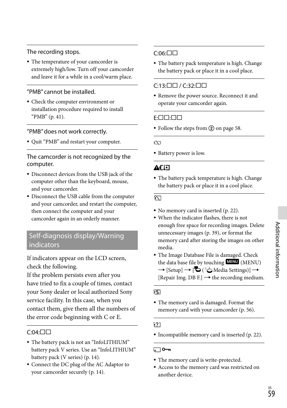 Self-diagnosis display/warning indicators | Sony HDR-TD10 User Manual | Page 59 / 142