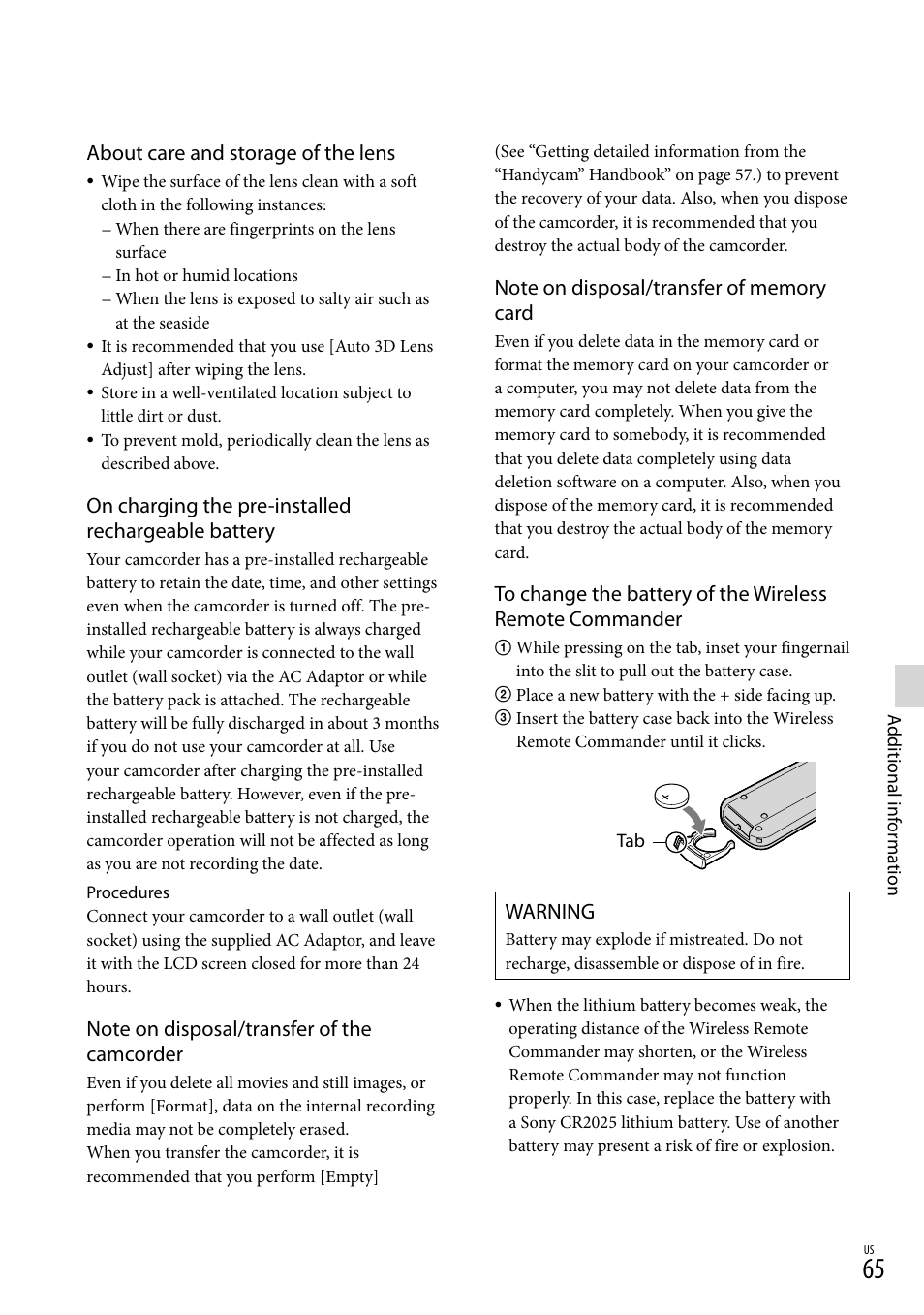 About care and storage of the lens, On charging the pre-installed rechargeable battery, Warning | Sony HDR-TD10 User Manual | Page 65 / 142